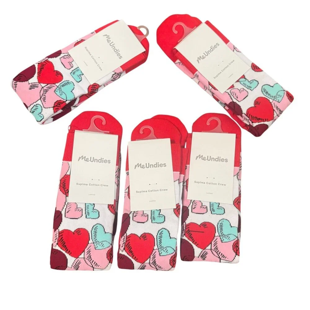 MeUndies Supima Cotton Crew Socks Large Seamless Toe Heart Print 5 pack‎ new